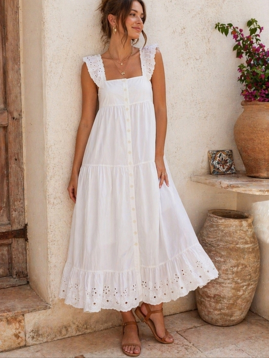 En Saison Dresses & Skirts - En Saison White Eyelet Tiered Midi Dress Size L Romantic Cottagecore Summer